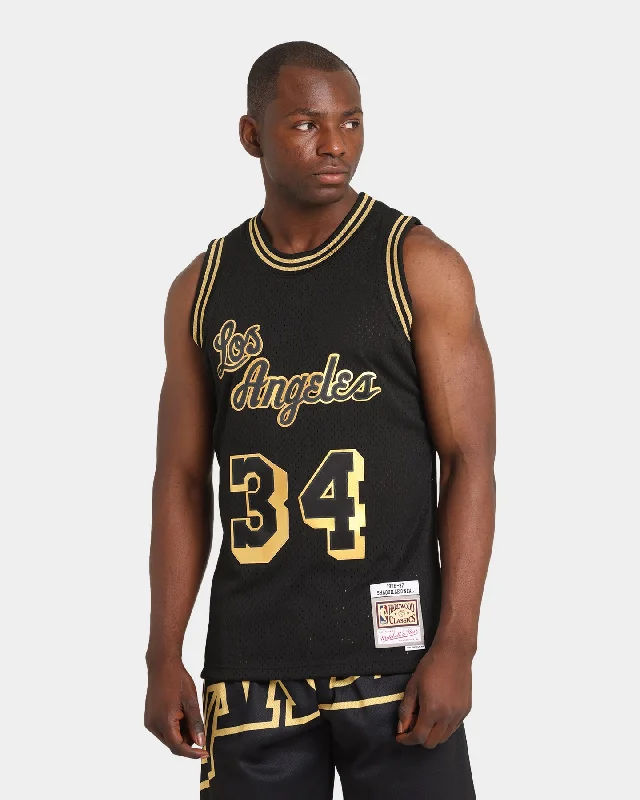 Mitchell & Ness Los Angeles Lakers Shaquille O'Neal '97-'98 #34 Black Gold Swingman Jersey Black Custom Jersey Tee Mitchell & Ness Los Angeles Lakers Shaquille O'Neal '97-'98 #34 Black Gold Swingman Jersey Black Custom Jersey Tee
