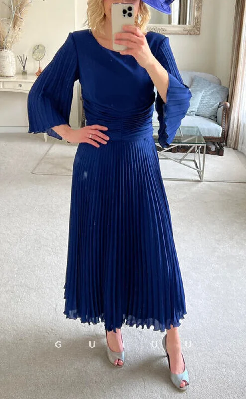 GM717 - Simple & Casual A-Line Scoop with Bell Sleeves Draped Anke-Length Mother of the Bride Dress Tunics Custom made GM717 - Simple & Casual A-Line Scoop with Bell Sleeves Draped Anke-Length Mother of the Bride Dress Tunics Custom made