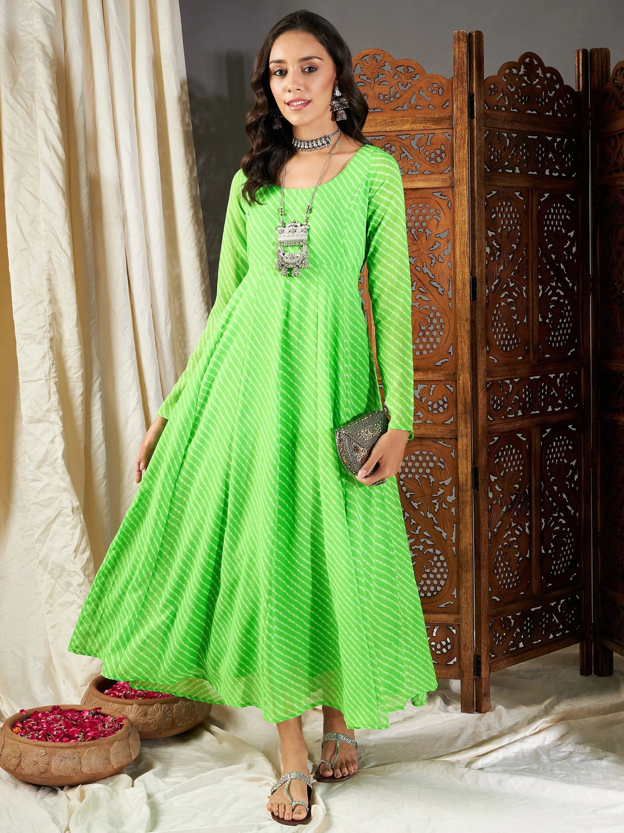 Women Green Lehariya Anarkali Dress Turtleneck Warm Winter
