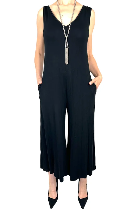 Woman's Jumpsuit Black Soft Jersey Fabric flattering comfort Fit Made in Quality Jersey Fabric Proudly Made in Canada Yvonne Marie Boutiques Recycled Jersey Tee