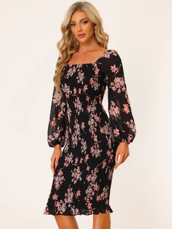 Floral Puff Sleeve Ruffle Bodycon Square Neck Smocked Mermaid Dress Tunics Vintage classic Floral Puff Sleeve Ruffle Bodycon Square Neck Smocked Mermaid Dress Tunics Vintage classic