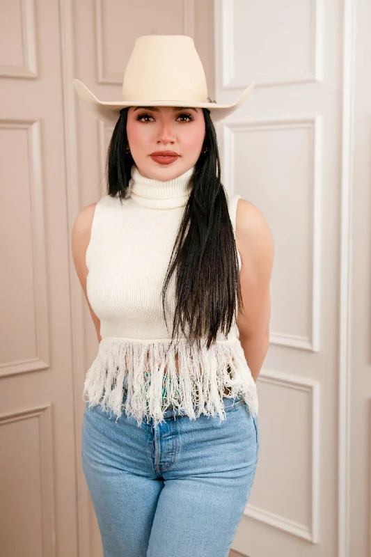 Knitted Fringe High Neck Crop Top JJ Elegant Classic Vintage