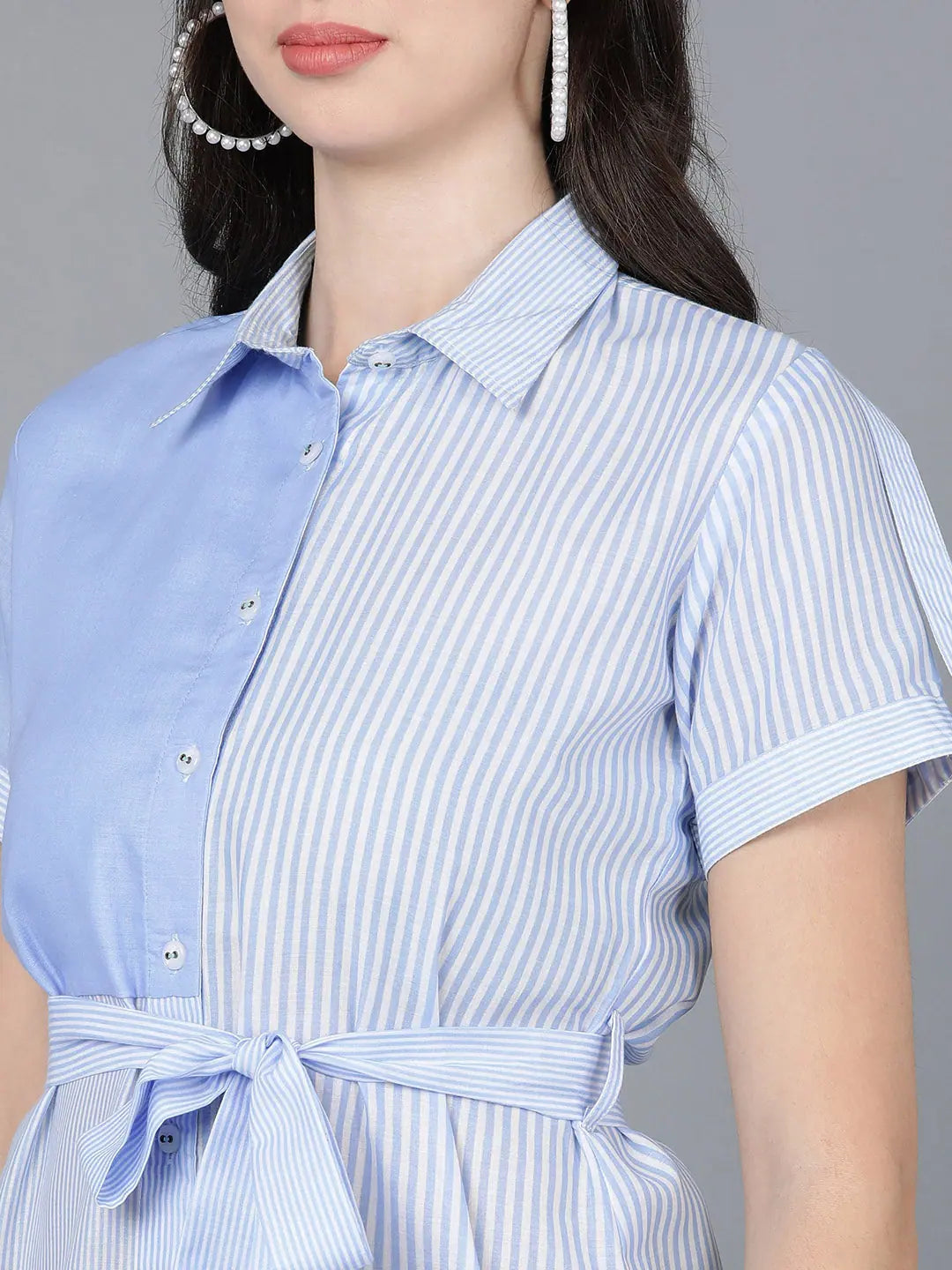 Ahika Women Blue Cotton Striped Dress Tunics Ceremony elegant