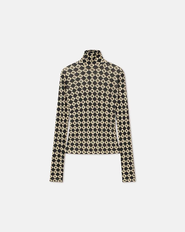 Harri - Mesh-Jersey Turtleneck Top - Black Diamond Check Turquoise Jersey Tee