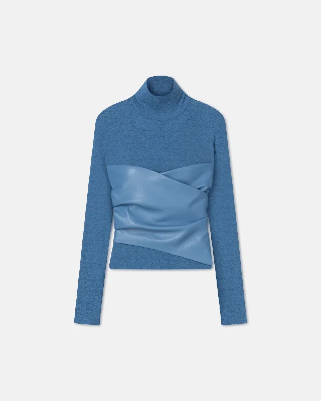 Kynlee - Mesh Jersey And Okobor™ Alt-Leather Top - Blue Mustard Yellow Jersey Tee