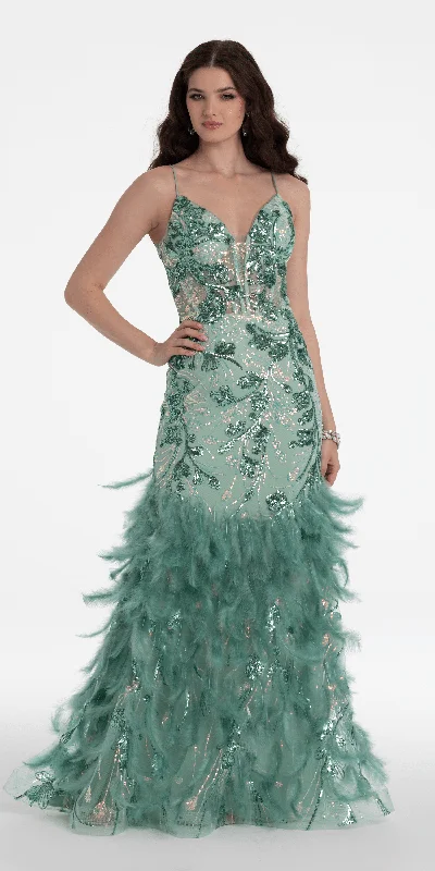 Plunging Sequin Corset Lace Up Back Dress with Feathers Tunics Versatile stylish