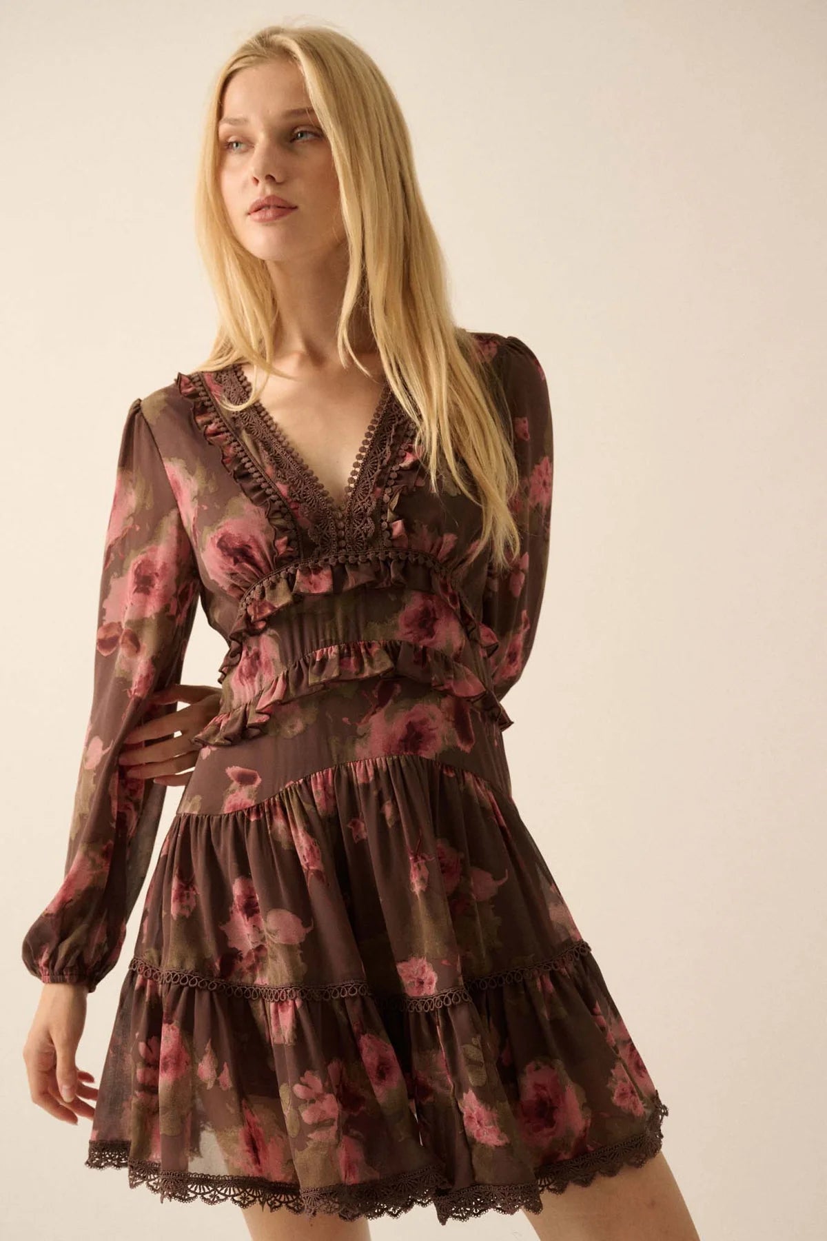 long sleeve floral chiffon dress Tunics Travel practical