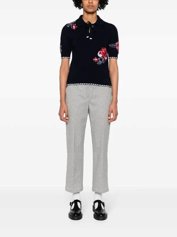 THOM BROWNE - Women Brushed Rose Jersey Intarsia Keyhole Polo In Merino Wool Dark Color Jersey Shirt THOM BROWNE - Women Brushed Rose Jersey Intarsia Keyhole Polo In Merino Wool Dark Color Jersey Shirt