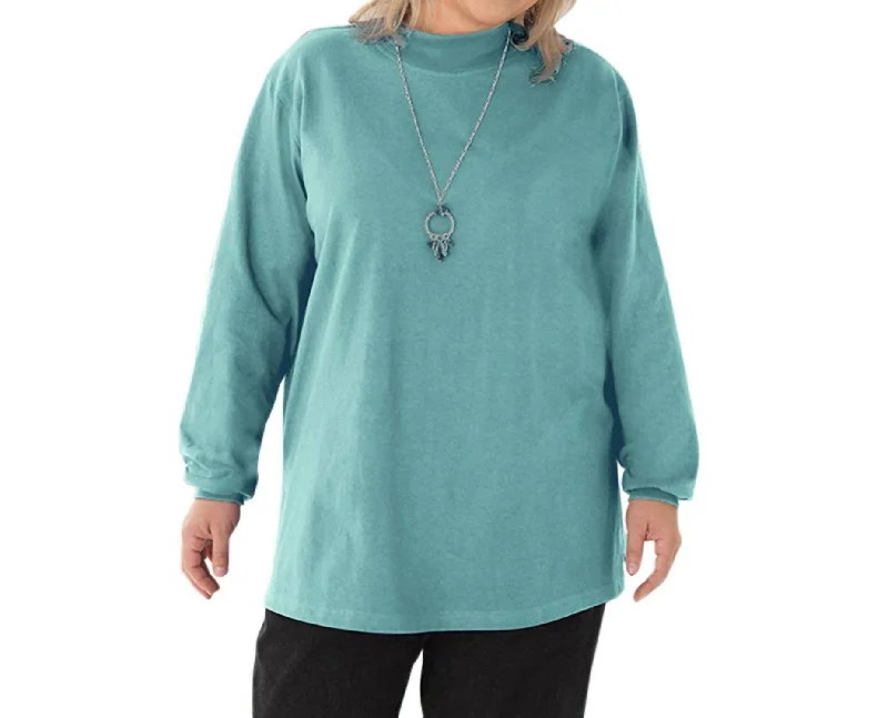 Cotton Jersey Mock Long Sleeve Top - Plus In Emerald Green Gold Jersey Tee