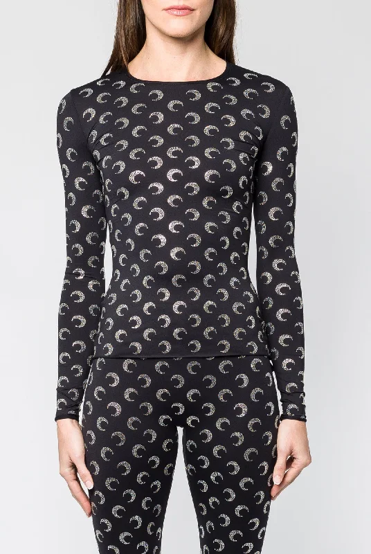 Marine Serre Rhinestoned Moon Jersey Second Skin Crewneck Top Dark Color Jersey Shirt