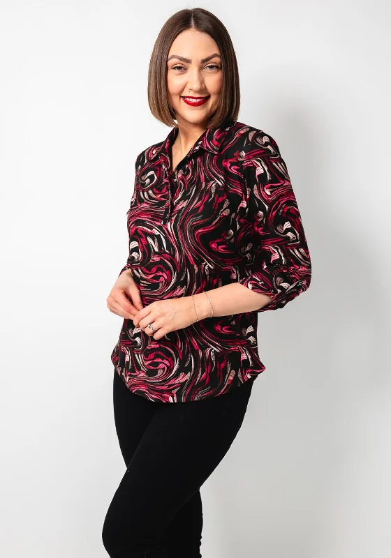 Leon Collection Swirl Print Jersey Blouse, Black High Neck Jersey Shirt