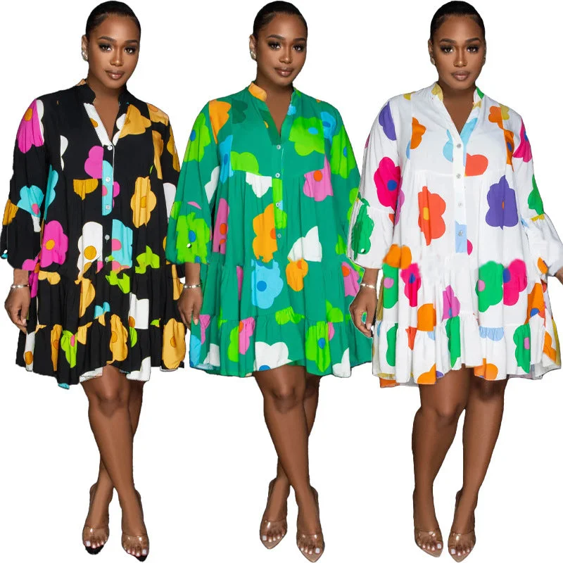 Painted and Printed V-neck Long-sleeved Big Swing Dress (CL11889) Tunics Winter warm Painted and Printed V-neck Long-sleeved Big Swing Dress (CL11889) Tunics Winter warm