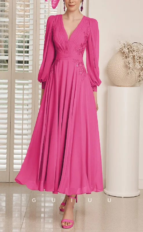 GM721 - Elegant & Modern A-Line V-Neck Long Lantern Sleeves Draped Ankle-Length Mother of the Bride Dress Tunics Brand named GM721 - Elegant & Modern A-Line V-Neck Long Lantern Sleeves Draped Ankle-Length Mother of the Bride Dress Tunics Brand named