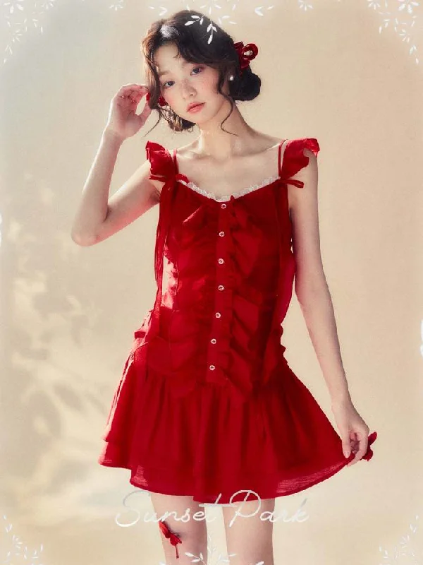 V-Neck Front Button Ruffle Dress【s0000008069】 Floral Print girly