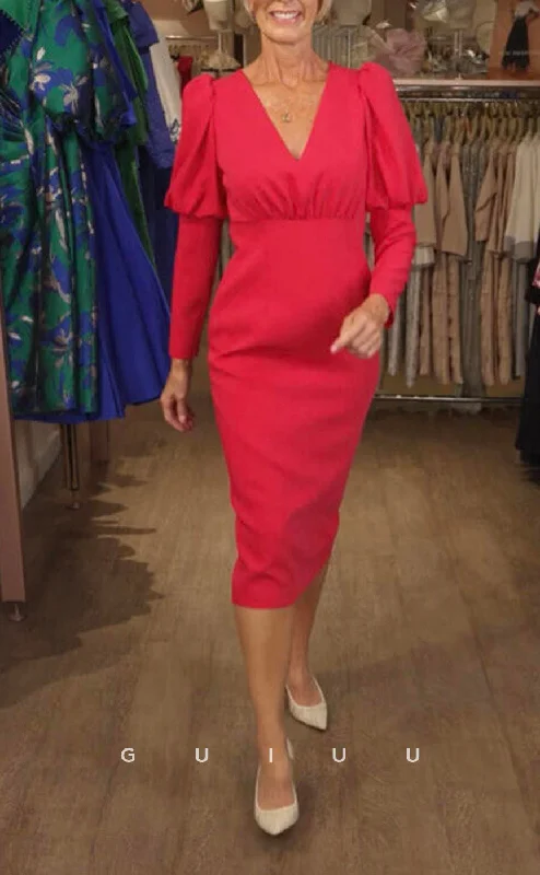 GM718 - Elegant & Classic Sheath V-Neck Long Bishop Sleeves Tea-Length Mother of the Bride Dress sweetheart Neckline Romantic GM718 - Elegant & Classic Sheath V-Neck Long Bishop Sleeves Tea-Length Mother of the Bride Dress sweetheart Neckline Romantic