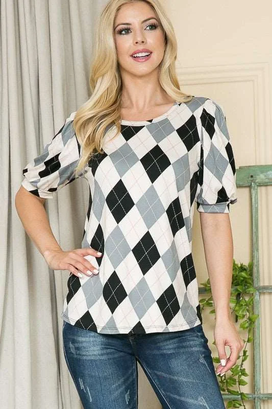 Argyle Print Puff Sleeve Knit Jersey Top Short Sleeve Jersey Top