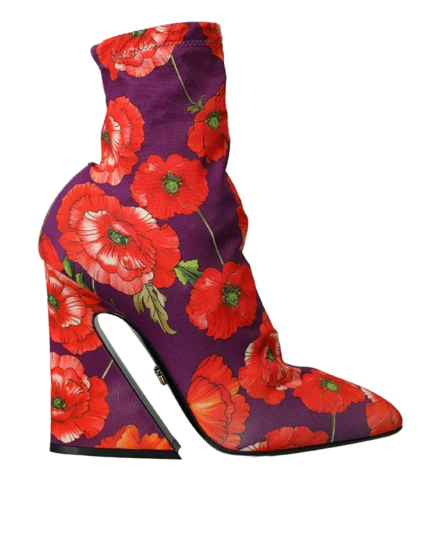 Dolce & Gabbana Purple Floral Jersey Stretch Boots Shoes Bohemian Jersey Tee