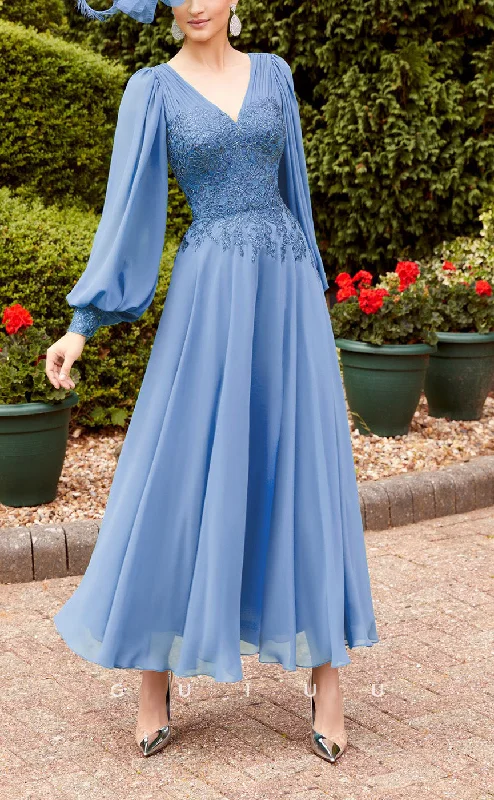 GM724 - Chic & Modern A-Line V-Neck Long Lantern Sleeves Lace Ankle-Length Mother of the Bride Dress Tunics Stylish elegant GM724 - Chic & Modern A-Line V-Neck Long Lantern Sleeves Lace Ankle-Length Mother of the Bride Dress Tunics Stylish elegant