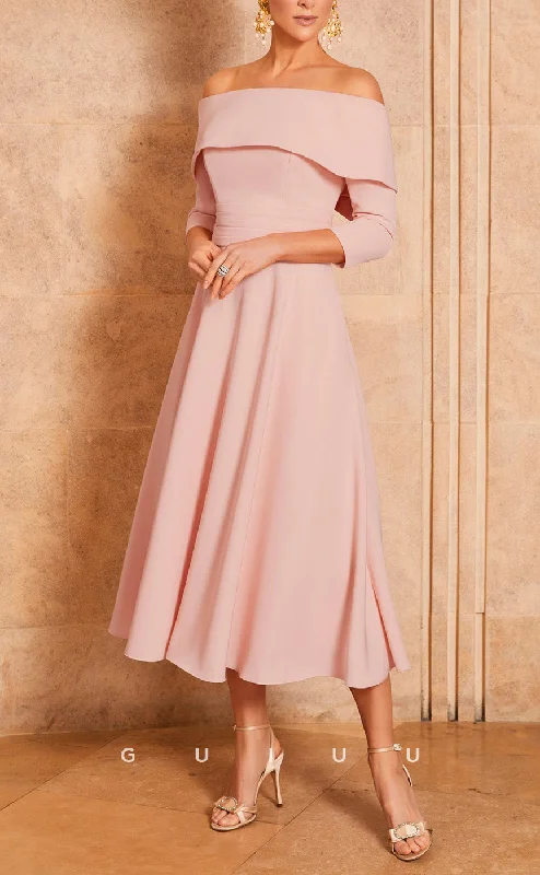 GM727 - Elegant & Classic A-Line Off Shoulder Quarter Sleeves Draped Bowknot Tea-Length Mother of the Bride Dress Tunics Winter warm
