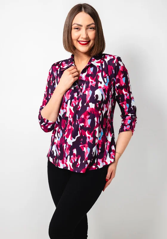 Leon Collection Abstract Print Jersey Blouse, Purple V Neck Jersey Blouse