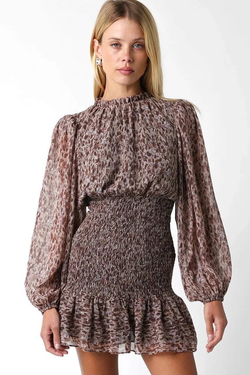 leop long sleeve smock waist dress Tunics New arrival