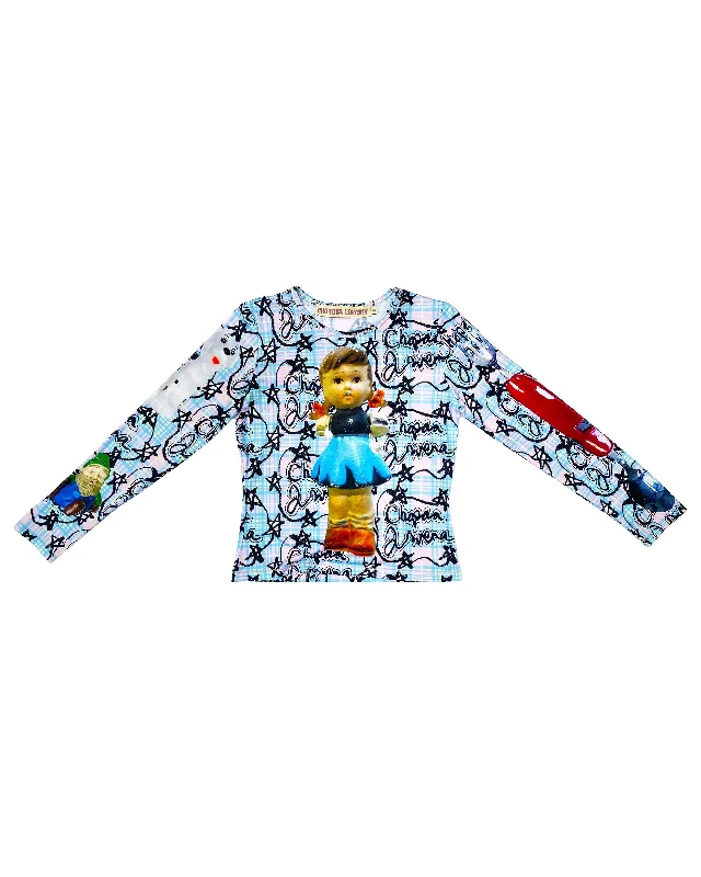 Doodle Collage Fitted Jersey Top - White / Blue Bohemian Jersey Tee