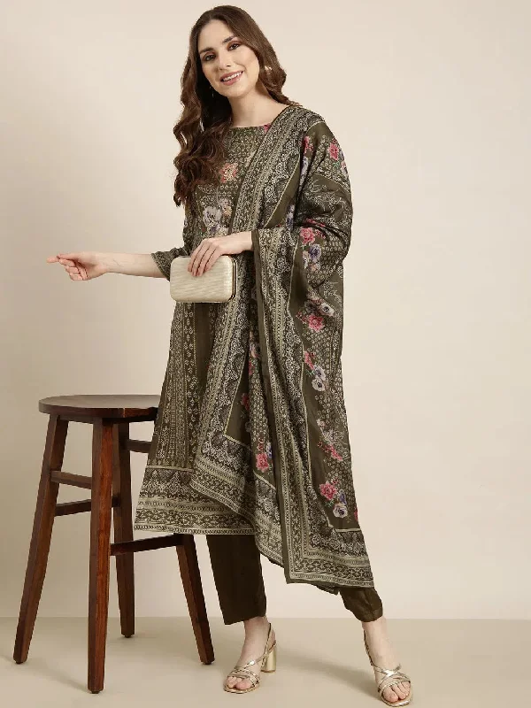 Women Straight Olive Floral Kurta and Trousers Set Comes With Dupatta-BC-SK-1880-Olive Trousers Versatile Stylish Women Straight Olive Floral Kurta and Trousers Set Comes With Dupatta-BC-SK-1880-Olive Trousers Versatile Stylish
