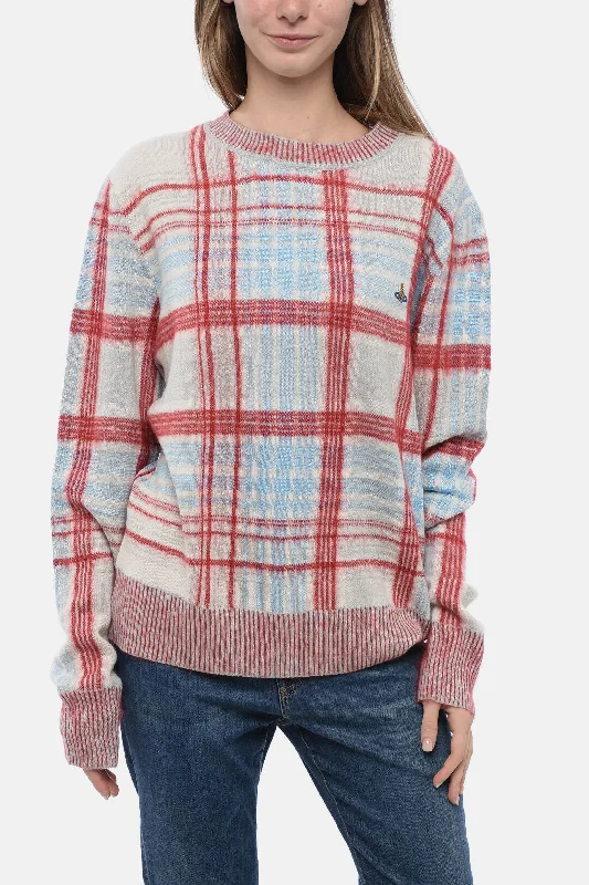 Vivienne Westwood Crew Neck Cotton Blend Sweater with Plaid Check Motif L Standard size Spandex Blend Rayon Blend Denim Blend