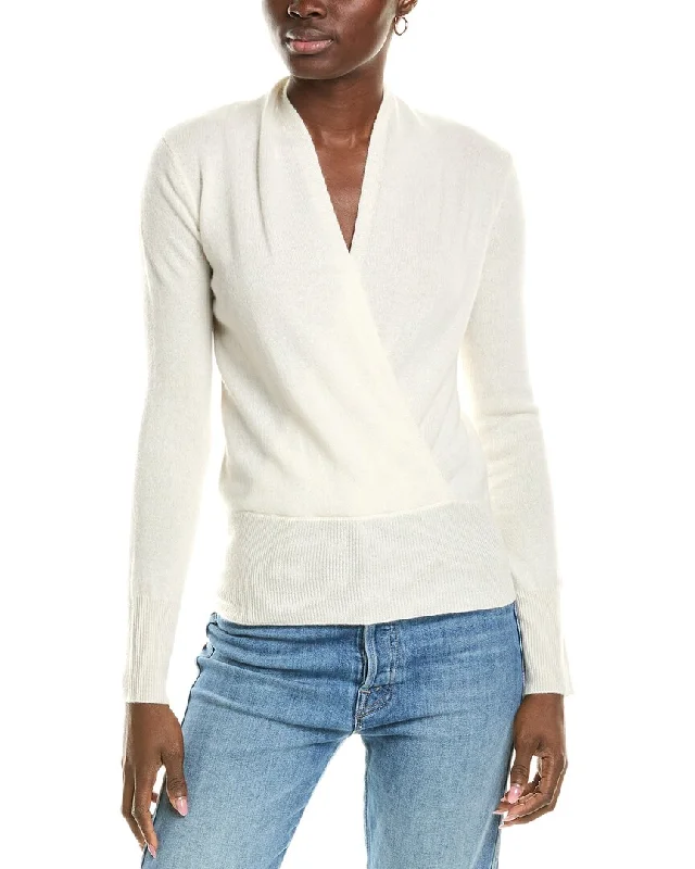 Sofiacashmere Modern Faux Wrap Cashmere Sweater Satin Blend Silk Blend Wool Blend