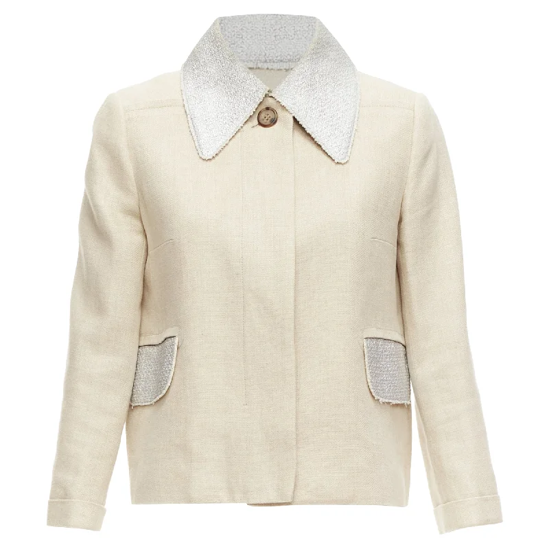 Carven Linen Cotton Blend Tweed Collar Button Boxy Jacket Boat Neck Shawl Collar Notched Collar Carven Linen Cotton Blend Tweed Collar Button Boxy Jacket Boat Neck Shawl Collar Notched Collar