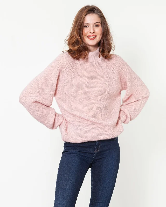 Mock Turtleneck Loose Sweater - Fuchsia Velvet Chenille Corduroy