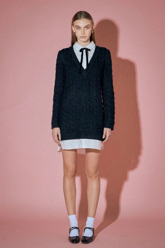 English Factory - Mixed Media Cable Knit V-Neck Drop Sweater Dress Houndstooth Herringbone Solid English Factory - Mixed Media Cable Knit V-Neck Drop Sweater Dress Houndstooth Herringbone Solid