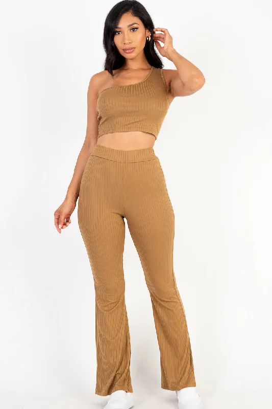 Ribbed Crop Top with One Shoulder & Flared Pants Ensemble Faux Fur Fabric Real Fur Fabric Shearling Fabric Ribbed Crop Top with One Shoulder & Flared Pants Ensemble Faux Fur Fabric Real Fur Fabric Shearling Fabric