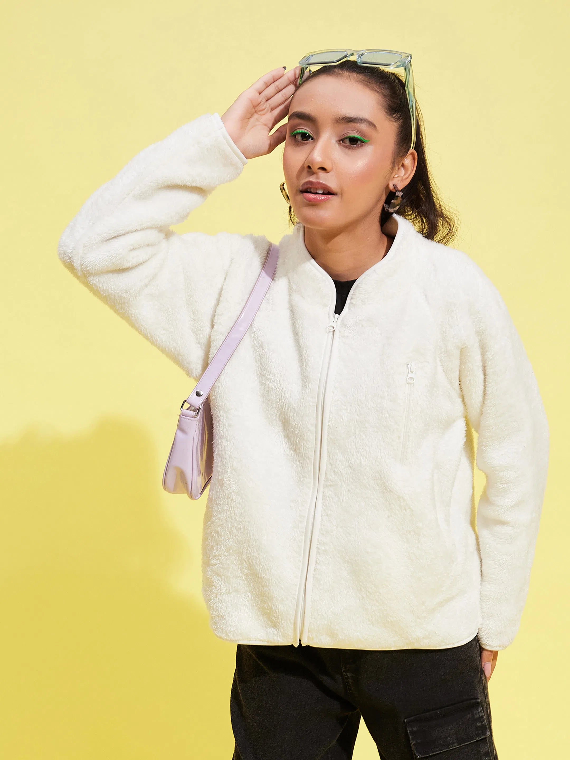 Girls White Fur Front Zipper Jacket Tiered Jacket Buttoned Jacket Zippered Jacket