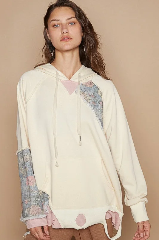 Blue Zone Planet |  POL Floral Patchwork Distressed Drawstring Hoodie Hoodie with Button Placket Classic Preppy