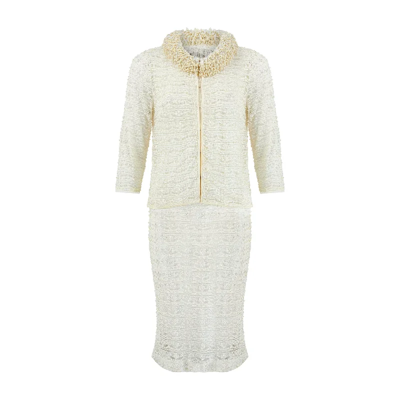 1960s White Lace and Pearl Embellished Dress and Jacket Set Collared Jacket Crew Neck Jacket Turtle Neck Jacket 1960s White Lace and Pearl Embellished Dress and Jacket Set Collared Jacket Crew Neck Jacket Turtle Neck Jacket