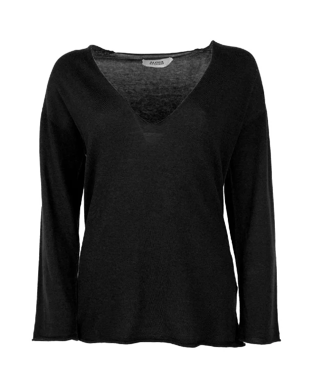 Alpha Studio  V-Neck Long Sleeve Linen Sweater - Black Bright Pastel Dark