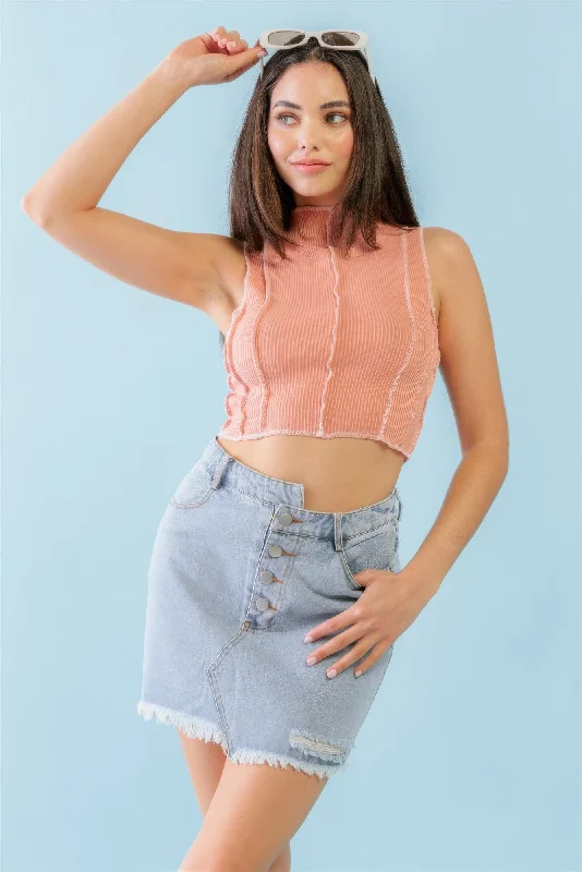 Dark Peach Ribbed Inside-out Sleeveless Mock Neck Crop Top Graphic Embroidered Appliqued Dark Peach Ribbed Inside-out Sleeveless Mock Neck Crop Top Graphic Embroidered Appliqued