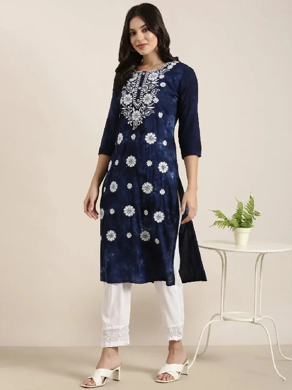 Women Straight Navy Blue Floral Kurta and Trousers Set-RJF-054-Navyblue Trousers Palazzo Wide Leg Women Straight Navy Blue Floral Kurta and Trousers Set-RJF-054-Navyblue Trousers Palazzo Wide Leg