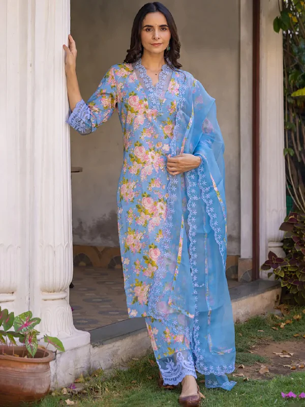 Women's Blue Viscose Rayon Floral Embroidered Straight Kurta Trouser With Dupatta - Ahika Trousers chic fashionable Women's Blue Viscose Rayon Floral Embroidered Straight Kurta Trouser With Dupatta - Ahika Trousers chic fashionable