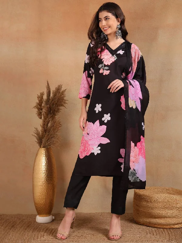 Women's Black Cotton Blend Floral Printed Straight Kurta Trouser With Dupatta - Ahika Trousers fashionable trendy Women's Black Cotton Blend Floral Printed Straight Kurta Trouser With Dupatta - Ahika Trousers fashionable trendy