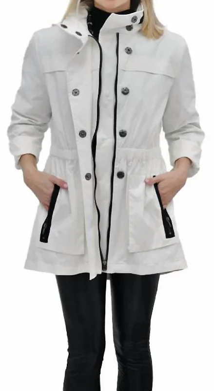Tess Weather Proof Jacket In White Black Trim Wool Fabric Cashmere Fabric Tweed Fabric Tess Weather Proof Jacket In White Black Trim Wool Fabric Cashmere Fabric Tweed Fabric
