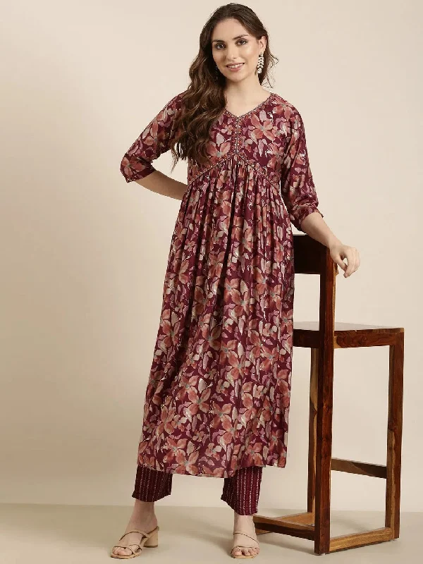 Women Anarkali Purple Floral Kurta and Trousers Set-SKC-052593-Purple Trousers Lace Delicate Women Anarkali Purple Floral Kurta and Trousers Set-SKC-052593-Purple Trousers Lace Delicate