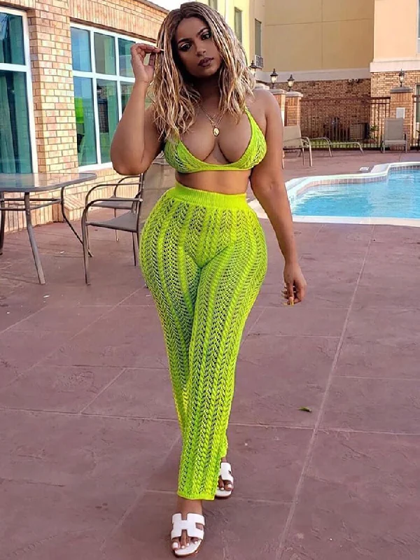 2 Piece Crotchet Halter Bra Crop Top+Wide Leg Pants Sets Houndstooth Herringbone Solid 2 Piece Crotchet Halter Bra Crop Top+Wide Leg Pants Sets Houndstooth Herringbone Solid