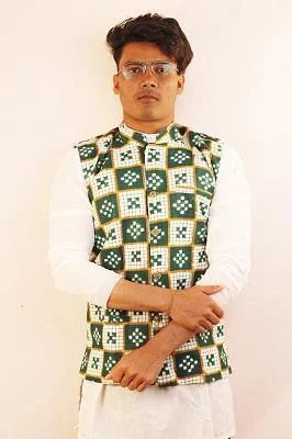 Sambalpuri Designer Gents Half Jacket in White, Green & Golden Color Mesh Jacket Canvas Jacket Denim Jacket Sambalpuri Designer Gents Half Jacket in White, Green & Golden Color Mesh Jacket Canvas Jacket Denim Jacket