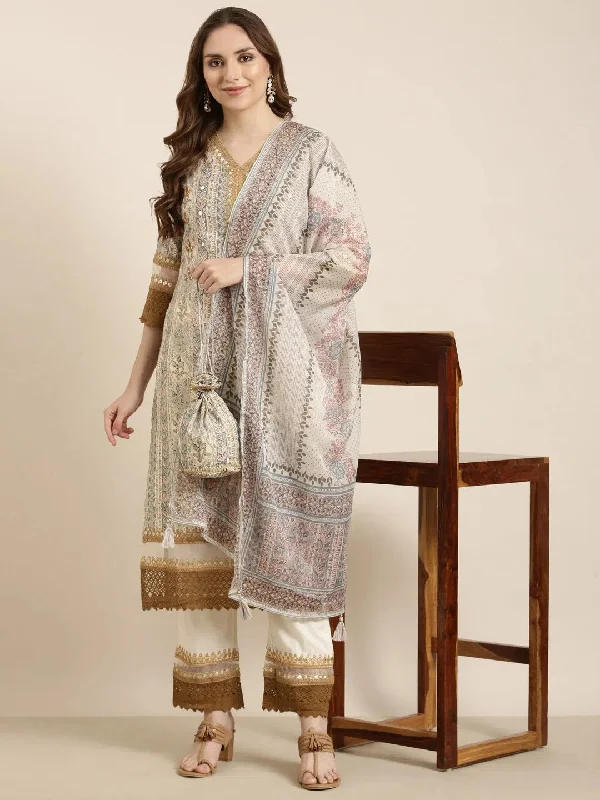Women Straight Beige Floral Kurta and Trousers Set Comes With Dupatta-GW-4401-Beige Trousers Velvet Soft Women Straight Beige Floral Kurta and Trousers Set Comes With Dupatta-GW-4401-Beige Trousers Velvet Soft
