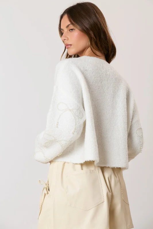 PE Pearl Ribbon Crop Sweater Hooded Sweater Collared Sweater Shawl Collar