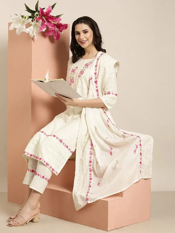 Women Straight Cream Floral Kurta and Trousers Set Comes With Dupatta-DF-3158-Cream Trousers Elastic Waist Soft Women Straight Cream Floral Kurta and Trousers Set Comes With Dupatta-DF-3158-Cream Trousers Elastic Waist Soft