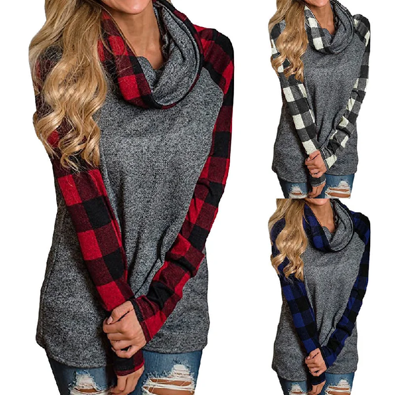 Women's Turtleneck Plaid Tunic Long Sleeve Pullover Sweatshirt Hoodie with Frayed Bohemian Relaxed Women's Turtleneck Plaid Tunic Long Sleeve Pullover Sweatshirt Hoodie with Frayed Bohemian Relaxed