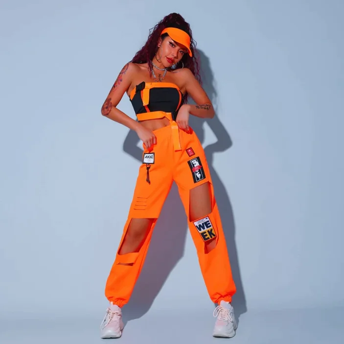 Orange Street Dance Outfit Set for Raves (Crop Top + Pants) Notch Collar Peter Pan Collar Cowl Neck Orange Street Dance Outfit Set for Raves (Crop Top + Pants) Notch Collar Peter Pan Collar Cowl Neck